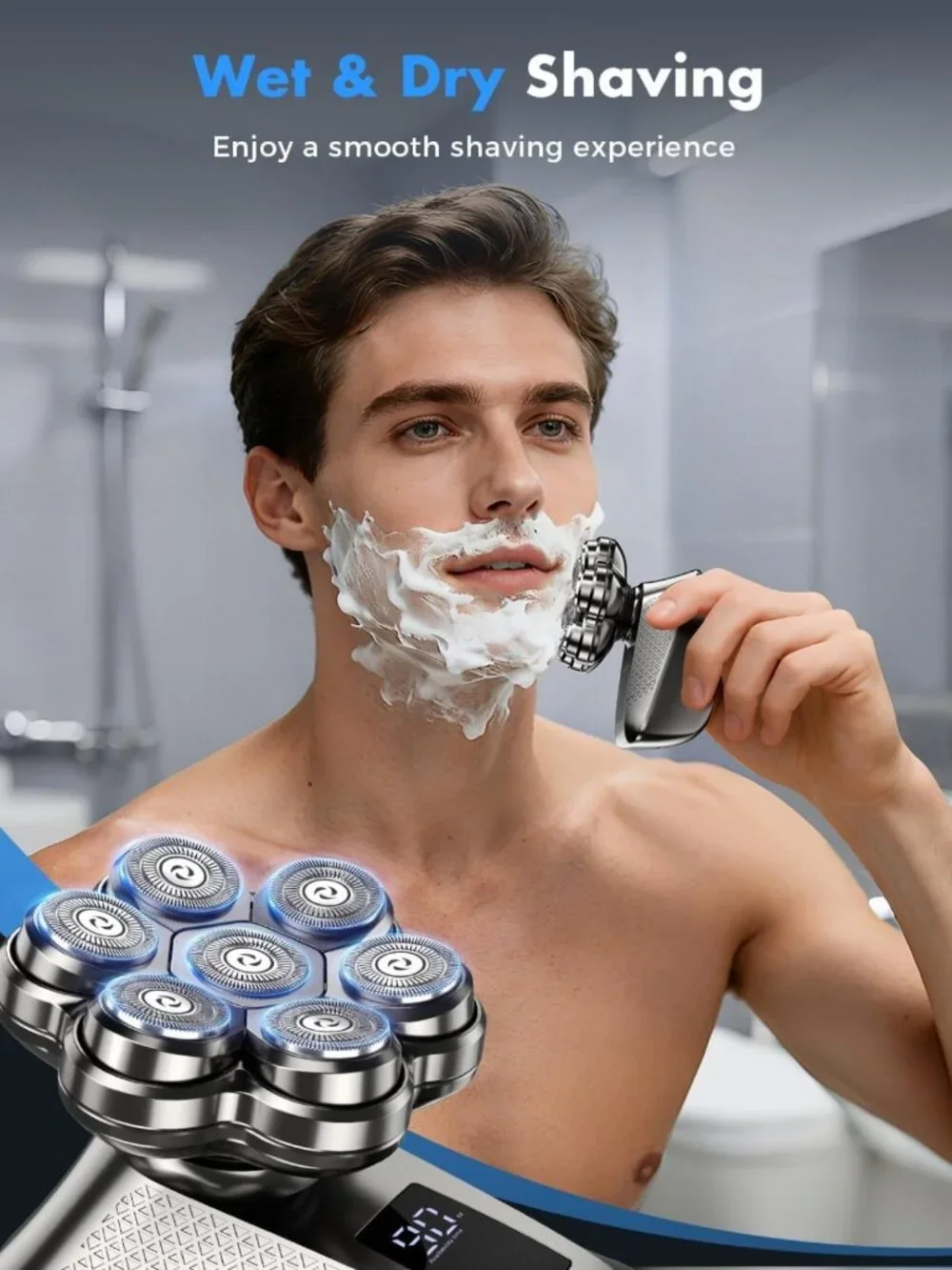 7D Electric Head Shaver for Men, Waterproof Grooming Kit, LED Display, Type-C